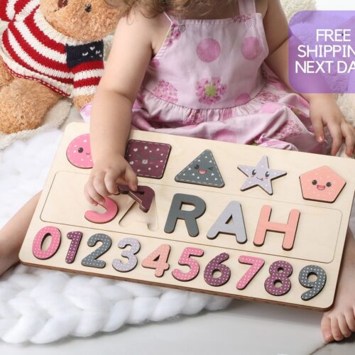 Personalized Wooden Name Puzzle with Shapes & Numbers | Montessori Toys | Baby Shower & Christmas Gifts image 0