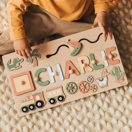 Personalized Montessori Busy Board Puzzle | Sensory Activity Wooden Toy | Baby Boy First Christmas Birthday Easter Gift image 0