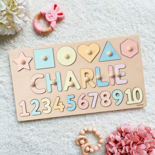 Personalized Wooden Name Puzzle with Pegs Montessori Busy Toys Baby Shower Gift Custom Numbers image 0