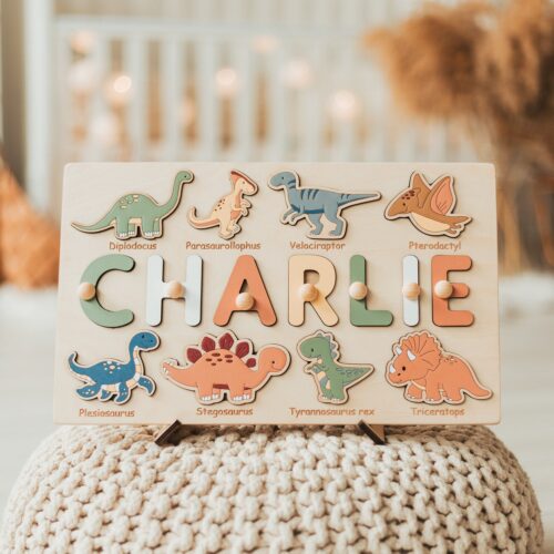 Personalized Dinosaur Name Puzzle - Montessori Wooden Toy Christmas Gifts First Birthday Toddler Toy image 0