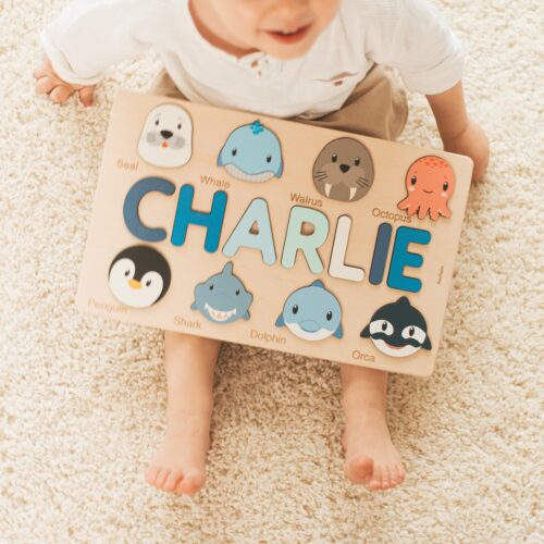 Personalized Name Puzzle with Animals - Wooden Montessori Toy - Baby First Birthday Gift image 0