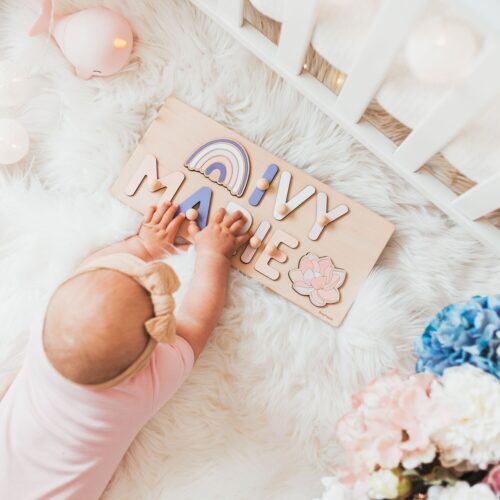 Personalized Baby Name Puzzle with Pegs - Easter Gift - Engraved 1st Birthday Toy for Kids image 0