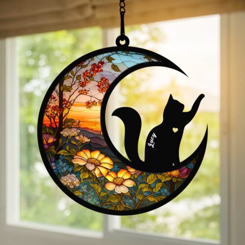 Handmade Pet Memorial Suncatcher - Custom Name Engraved Cat Decor - Sympathy Gift for Cat Lovers image 0