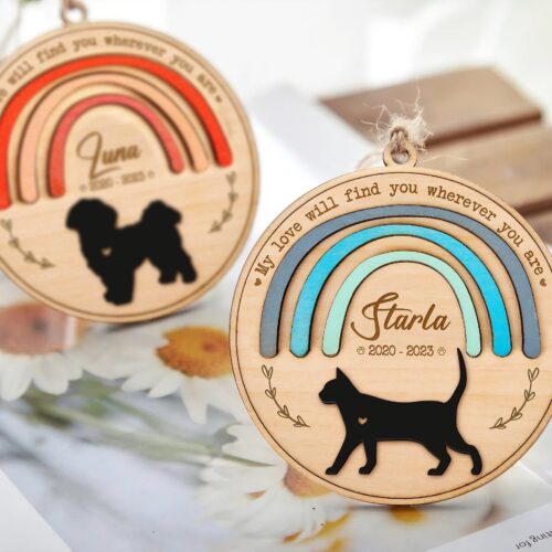 Rainbow Bridge Pet Memorial Ornament Custom Name Dog & Cat Sympathy Gift Handmade Engraved Suncatcher image 0