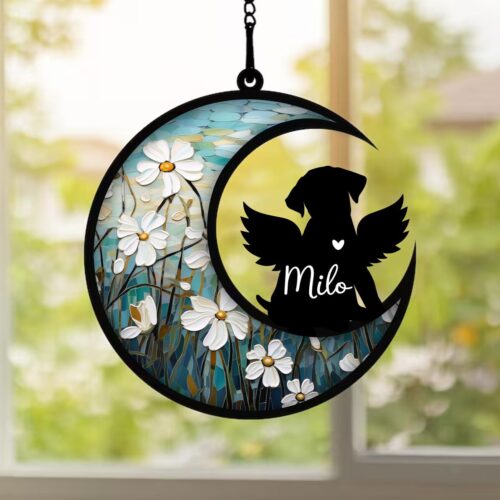 Custom Memorial Gift Loss of Dog, Dog Sympathy Gift, Suncatcher window, Dog on Moon for Suncatcher Gifts, Pet Loss Gifts, Pet Sympathy Gift image 0