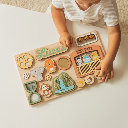 Personalized Montessori Busy Board - Wooden Sensory Toy for Toddlers - Baby Gift for 1st Birthday Easter Baptism image 0