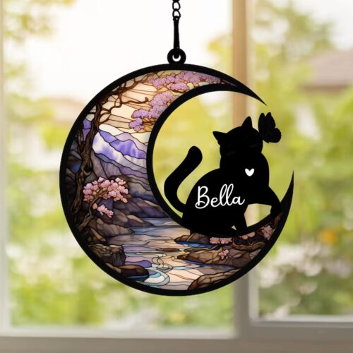 Custom Cat Memorial Gift - Cat Sympathy Suncatcher - Pet Loss Remembrance - Cat on Moon Decor image 0