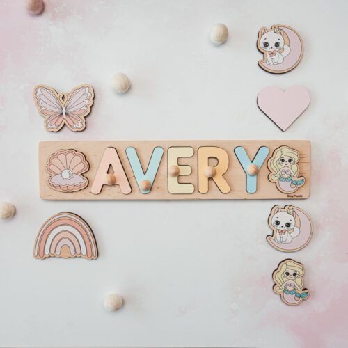 Personalized Wooden Name Puzzle with Pegs Mermaid Theme 1st Birthday Gift for Baby Girl image 0