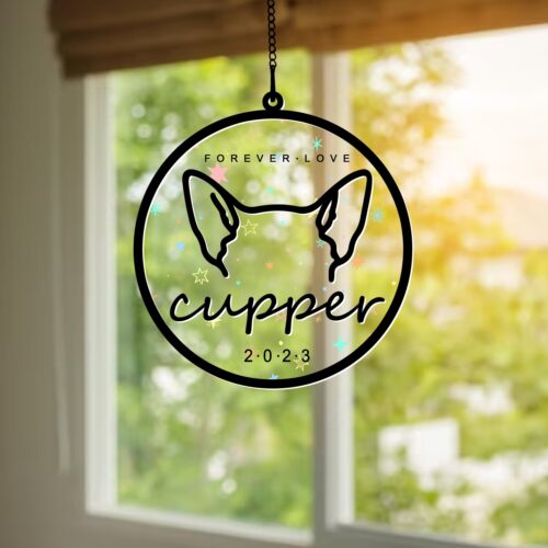 Custom Dog Ear Memorial Suncatcher Ornament | Personalized Pet Loss Gift | Dog Line Drawing | Christmas Tree Decor image 0