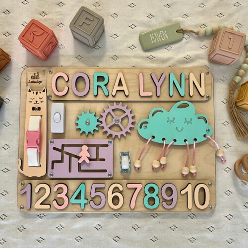 Personalized Montessori Busy Board for Toddlers - Activity Puzzle Toy - 1st Birthday Gift image 0