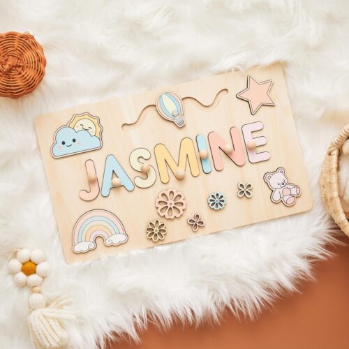 Custom Name Puzzle Busy Board with Pegs - Baby Easter Gifts Wooden Toys Baby Shower Gift image 0