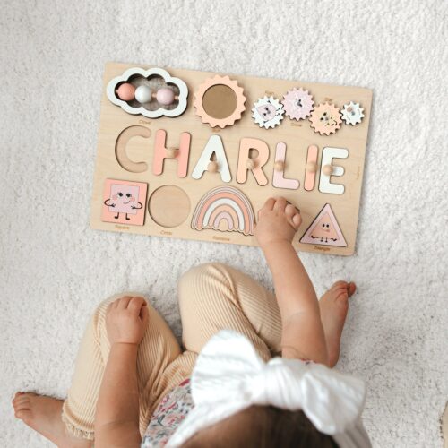 Personalized Montessori Busy Board - 1st Birthday Gift for Toddler Girls - Educational Wooden Sensory Toy image 0