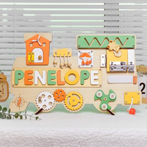 Custom Baby Name Train Busy Board - Montessori Wooden Toys - Baby Shower & 1st Birthday Gifts image 0