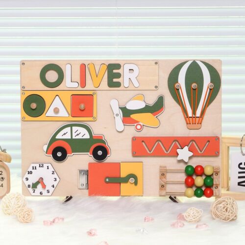 Custom Wooden Busy Board Montessori Toys | Personalized Baby Name | Baby Shower & 1st Birthday Gift image 0