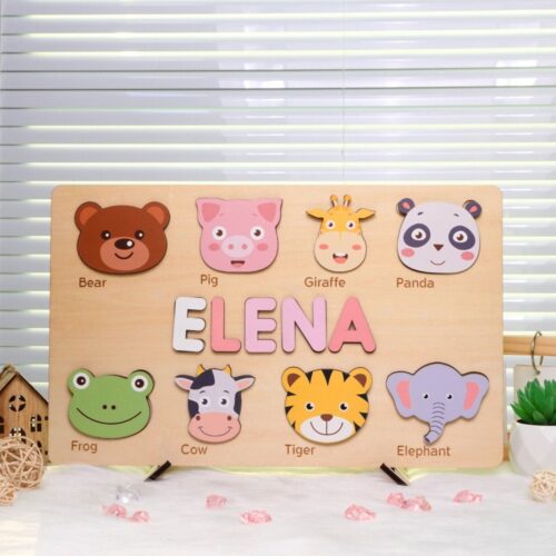 Custom Name Puzzle Busy Board with Animals - 1st Birthday Wooden Montessori Toy for Toddlers image 0