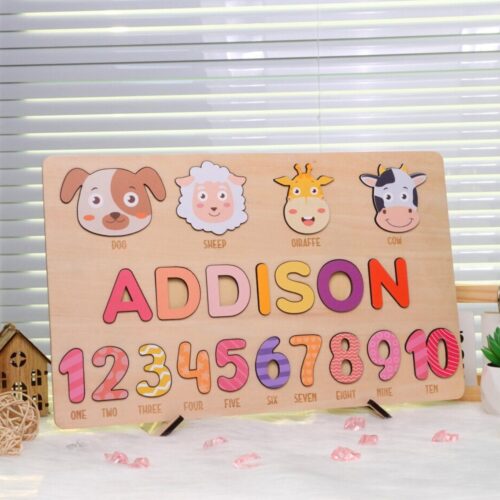 Personalized Busy Board Custom Name Animal Number Wooden Puzzle First Birthday Montessori Gift image 0