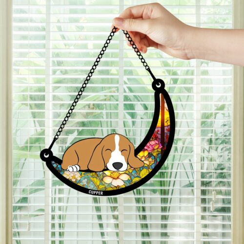 Personalized Dog Memorial Suncatcher Ornament - Pet Loss Gift - Sleeping Dog on Moon Window Hanging Decor image 0