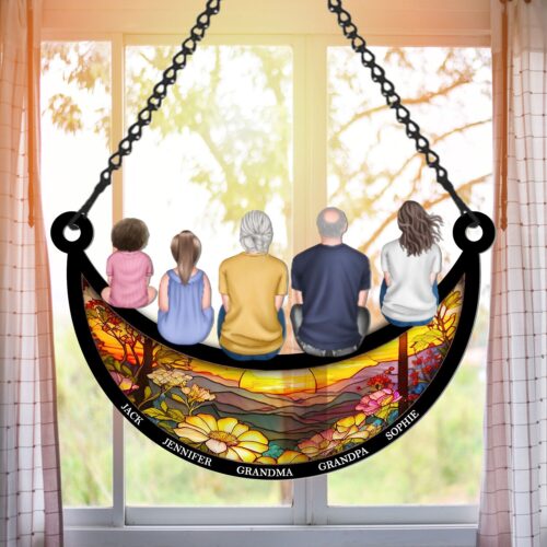 Custom Family Name suncatcher| Children Sitting On The Moon Suncatcher| Gift idea for Mom, Dad, Grandma, Grandpa, Friend, College, Teacher image 0