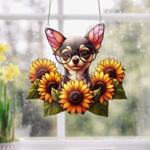 Sunflower Chihuahua Acrylic Suncatcher | Dog Mom Gift | Funny Chihuahua Lover Decor image 0