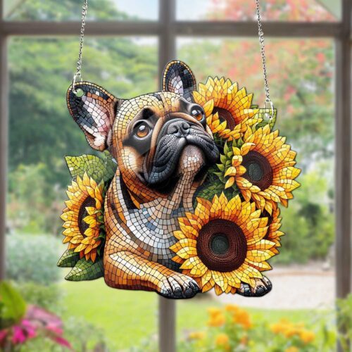 Sunflowers French Bulldog Acrylic Suncatcher | Dog Mom Gift | Sunflower Lovers Decor image 0