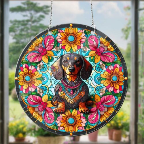 Dachshund and Flowers Mandala Suncatcher Dog Lovers Gift Kids Room Decor Dachshund Art image 0