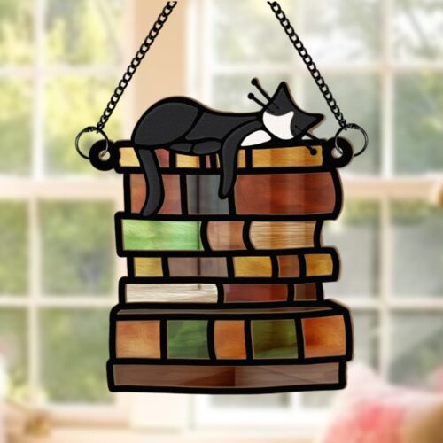 Custom Cat Memorial Suncatcher - Personalized Pet Loss Ornament for Cat Lovers and Book Enthusiasts image 0