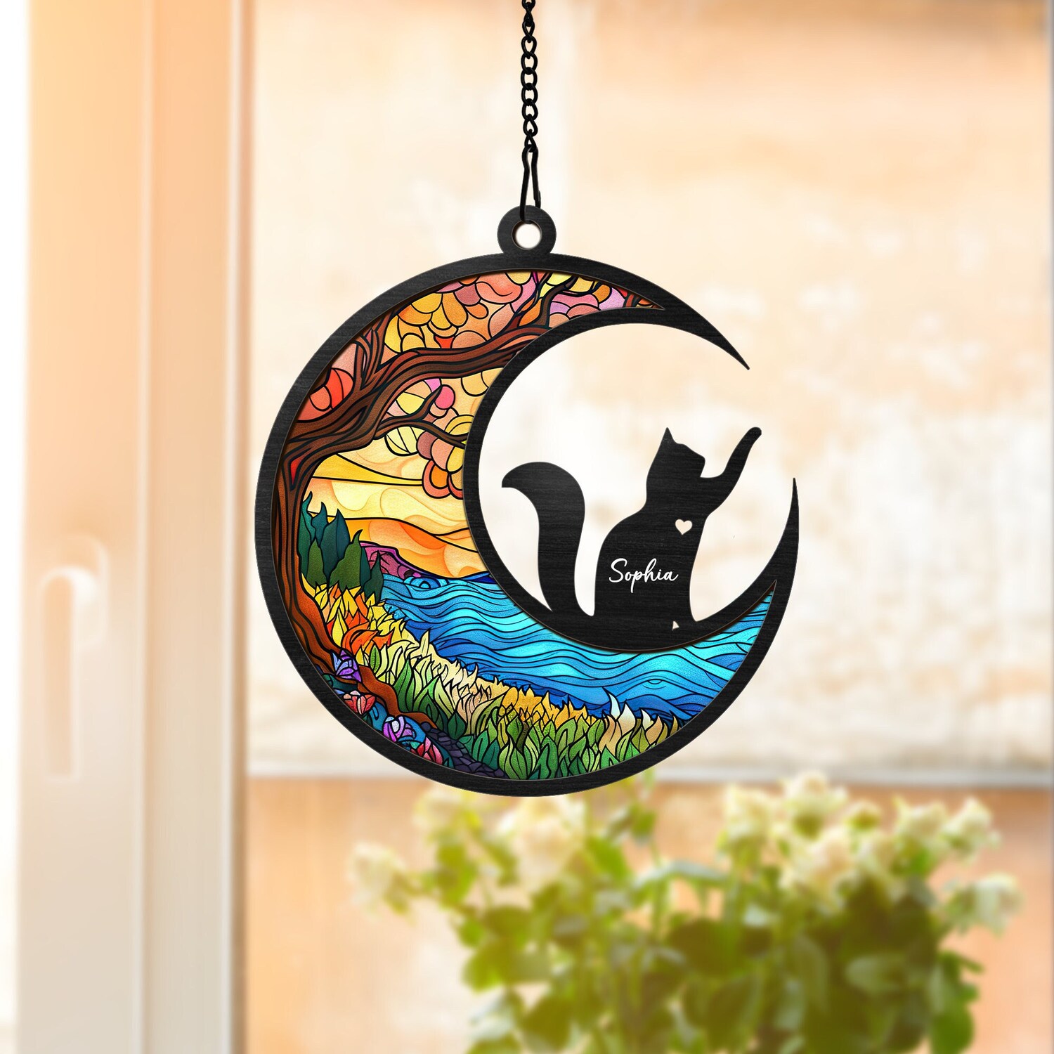 Personalized Cat Moon Suncatcher - Custom Acrylic Window Hanging - Cat Lover Sympathy Gift image 0