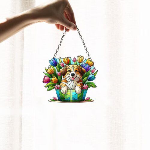 Personalized Dog Suncatcher Tulip Flowers Window Hanging Art Decor - Dog Home Decor Gift for Mom image 0