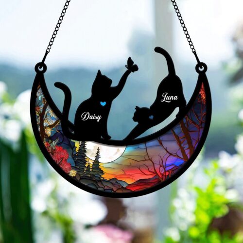 Personalized Cats on Moon Suncatcher Ornament - Memorial Cat Lover Gift - Pet Loss Home Decor image 0