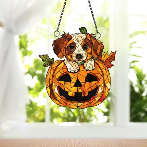 Personalized Collie Dog Suncatcher Art Decor - Halloween Pumpkin Window Decoration Gift image 0