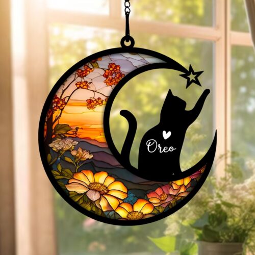 Personalized Cat Memorial Suncatcher | Stained Glass Pet Loss Light Catcher | Engraved Cat Sympathy Gift image 0