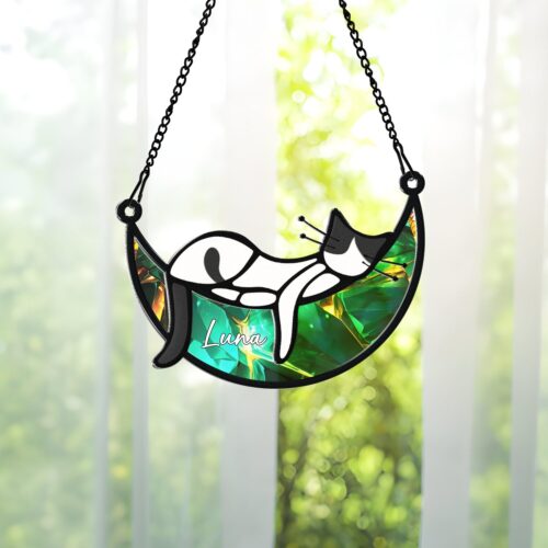 Personalized Sleeping Cat on Moon Suncatcher | Custom Cat Memorial Gifts | Handcrafted Decor image 0