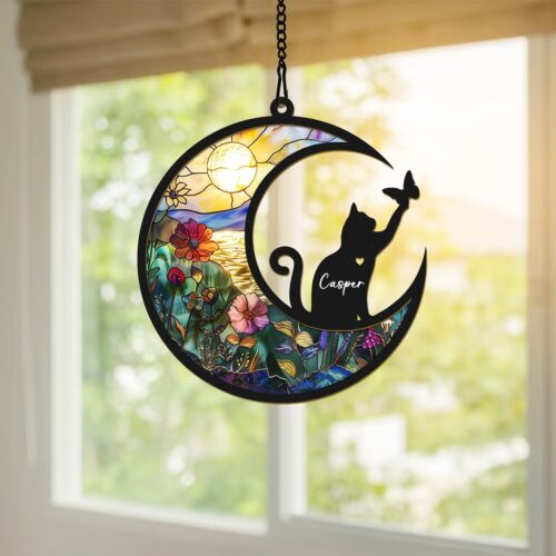 Personalized Cat Memorial Suncatcher with Name - Custom Engraved Cat Loss Gift for Cat Lovers image 0