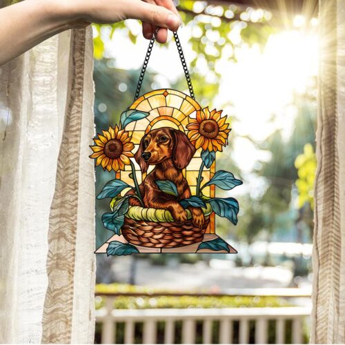 Personalized Dachshund Sunflower Suncatcher | Dog Lover Wall Art Decor | Pet Home Decoration image 0