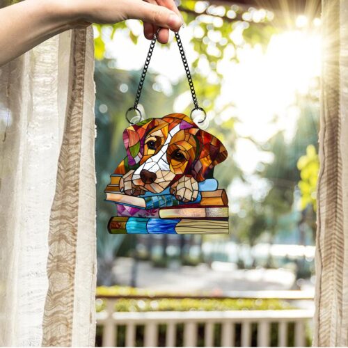 Personalized Dog and Books Suncatcher | Pet Remembrance Gift | Wall Hanging Art for Book Lovers image 0