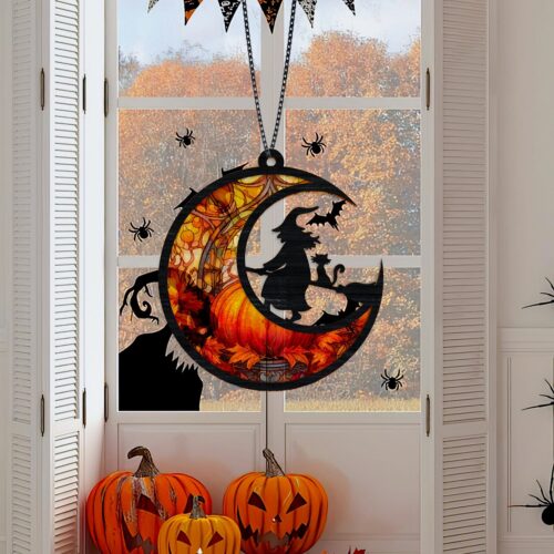 Custom Halloween Witch Suncatcher with Black Cat Halloween Decor Witch Broomstick Ornament image 0