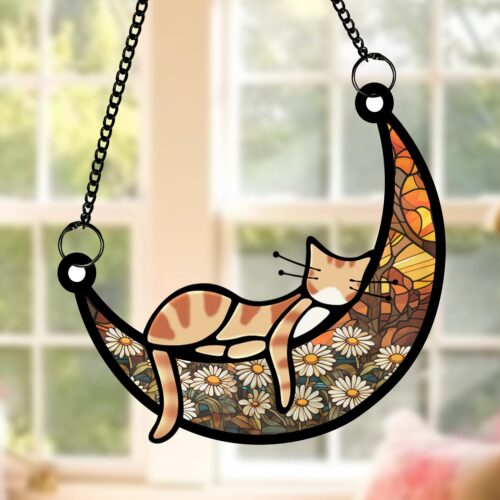 Cat Memorial Suncatcher - Custom Name Sleeping Cat on Moon - Pet Loss Sympathy Gift image 0