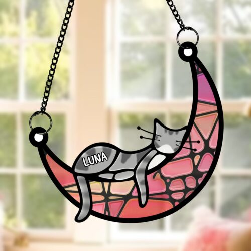 Cat Memorial Suncatcher - Personalized Sleeping Cat on Moon Ornament - Pet Loss Sympathy Gift image 0