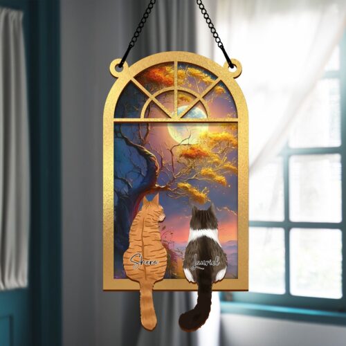 Cat Memorial Suncatcher | Personalized Pet Loss Gift | Custom Name Cat Remembrance Decor image 0