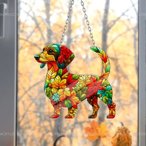 Floral Autumn Dachshund Acrylic Suncatcher - Wiener Dog Fall Decor - Halloween Gift image 0