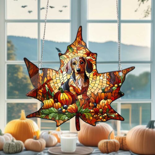 Autumn Leaf Dachshund Acrylic Suncatcher - Fall Farmhouse Decor Halloween Gift Dog Mom Present image 0