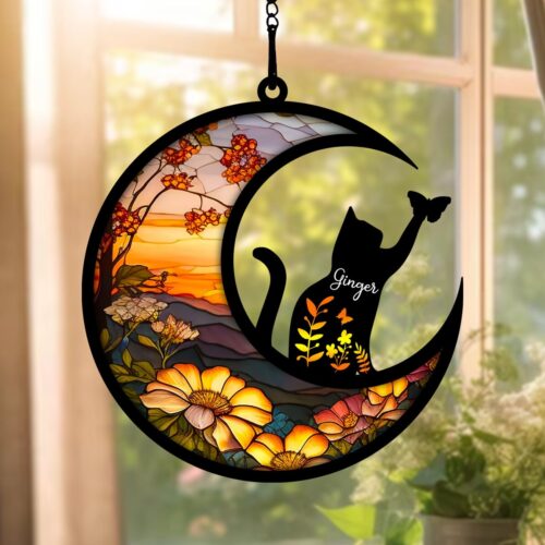 Personalized Cat Memorial Suncatcher Engraved Pet Loss Gift Stained Glass Light Catcher image 0