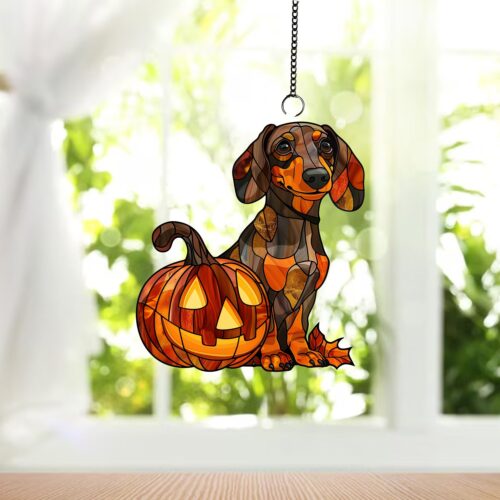 Personalized Dachshund Witch Suncatcher Halloween Home Decor Spooky Wall Decoration image 0