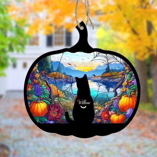 Custom Halloween Pumpkin Cat Suncatcher | Fall Gothic Home Decor | Spooky Cat Suncatcher image 0