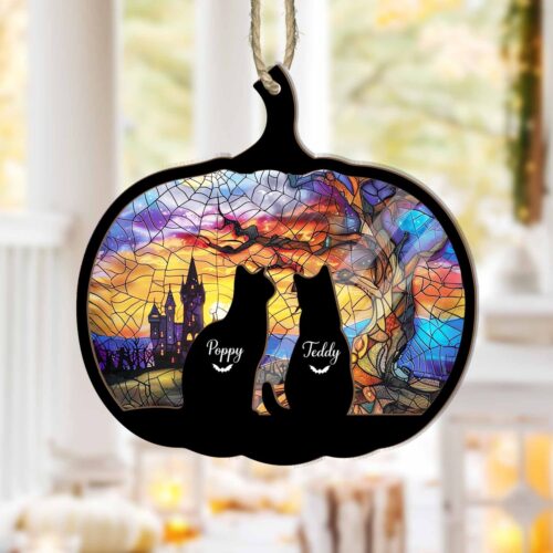 Custom Halloween Cats Suncatcher | Spooky Cat Fall Decor | Gothic Home Decor Ornament image 1