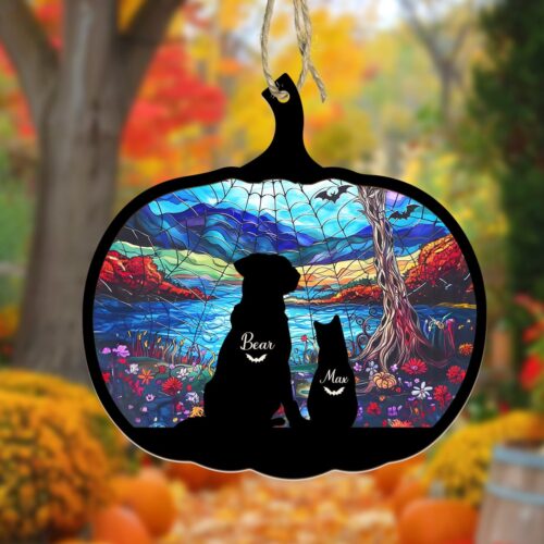 Personalized Halloween Pet Suncatcher Spooky Dog and Cat Gothic Window Decor Halloween Home Decor image 0