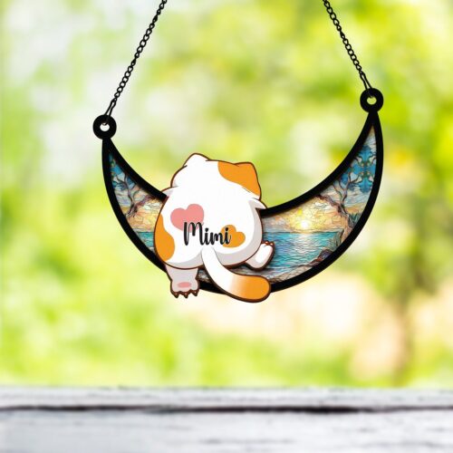 Personalized Cat on Moon Suncatcher with Name Handcrafted Cat Memorial Gift Decor image 0