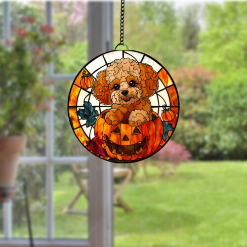 Personalized Poodle Pumpkin Suncatcher - Halloween Dog Decor Gift image 0