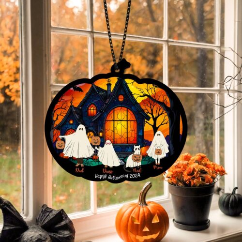 Personalized Ghost Family Halloween Suncatcher - Gothic Home Decor with Dog Cat and Pumpkin Family image 0