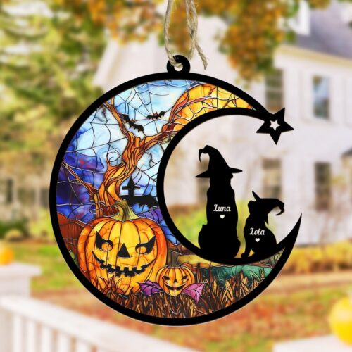 Personalized Pet Halloween Suncatcher - Spooky Dog & Cat Lover Gift - Fall Gothic Home Decor image 0